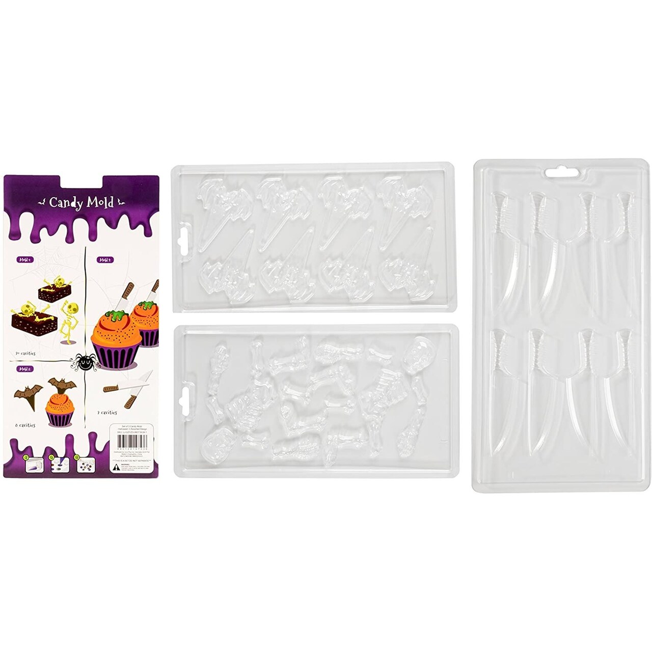 Halloween Chocolate Candy Model- 3-Pack Decorating Moulds for Halloween Parties, Holiday Theme for Chocolate, Gummy Candy, Assorted Designs Including Skull, Bat, Knife